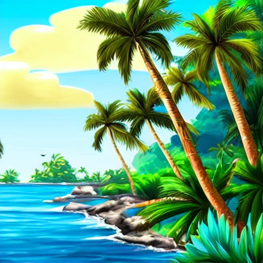 Create a digital painting of a lush, tropical island with lush greenery, palm trees and a crystal-clear beach. Use Bob Ross's signature happy clouds, sunshine and waves in the background.