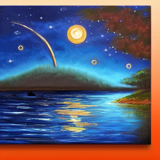 Create a night scene of an island with a starry sky, a crescent moon, and twinkling lights on the shore. Use Bob Ross's signature calm and serene brush strokes to capture the peacefulness of the scene, detailed, oil painting, 4k