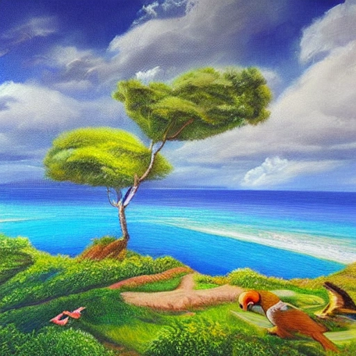 Design a landscape scene with a mountainous island, surrounded by a calm sea and sunny sky. Add a few animals like parrots, monkeys or exotic birds to give life to the painting, detailed, HDR, Oil painting