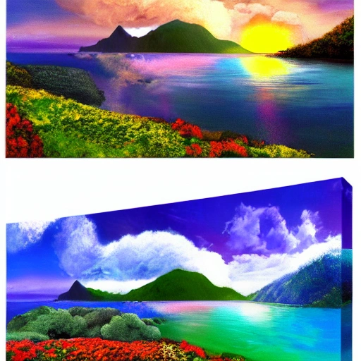 Create a digital collage of multiple island views with different landscapes, such as waterfalls, volcanic landscapes, and sunsets, bob ross style painting, oil painting, 4k