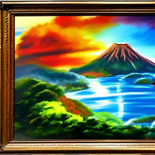 multiple island views with different landscapes, such as waterfalls, volcanic landscapes, and sunsets, bob ross style painting, oil painting, 8k, hdr