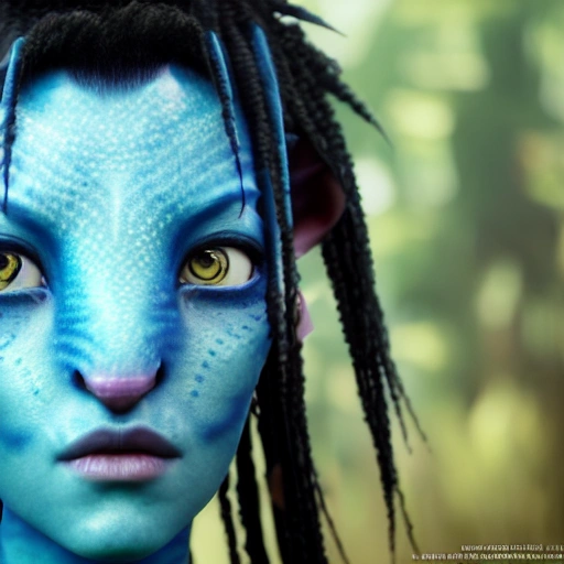 Avatar movie beautiful omataciya woman ,blue skin,black hair, cinematic shot, intricate, photorealistic, artstation, realistic, 100 mm, photography, octane, high definition, depth of field, bokeh, 8k