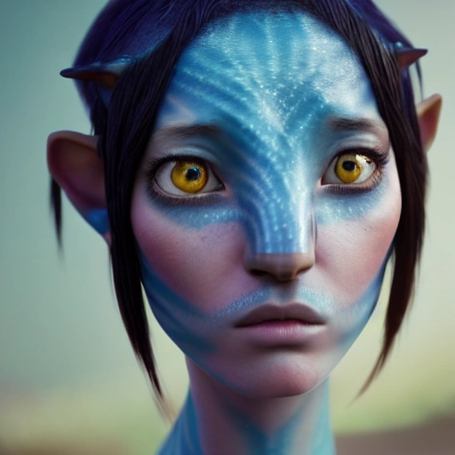 Avatar movie beautiful omataciya woman ,blue skin,black hair, cinematic shot, intricate, photorealistic, artstation, realistic, 100 mm, photography, octane, high definition, depth of field, bokeh, 8k