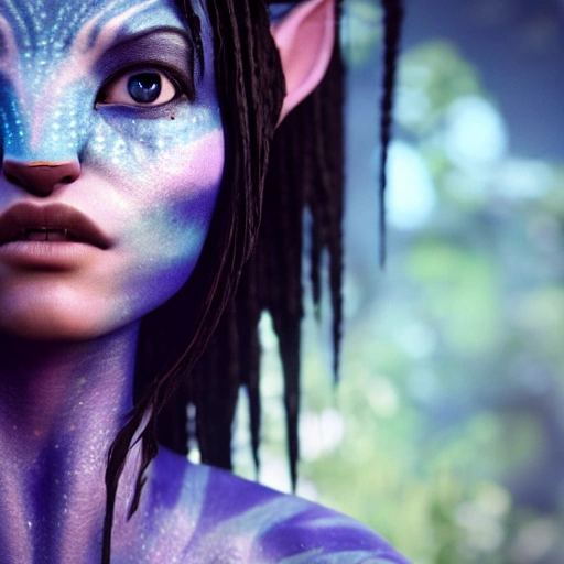 Avatar movie beautiful omataciya woman ,blue skin,black hair, cinematic shot, intricate, photorealistic, artstation, realistic, 100 mm, photography, octane, high definition, depth of field, bokeh, 8k