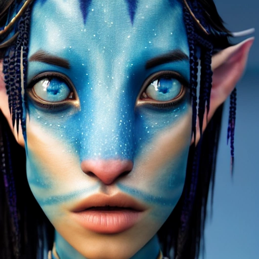 Avatar movie beautiful omataciya woman ,blue skin,black hair, cinematic shot, intricate, photorealistic, artstation, realistic, 100 mm, photography, octane, high definition, depth of field, bokeh, 8k,full face,hyper realistic,super realistic,hyper detailed 