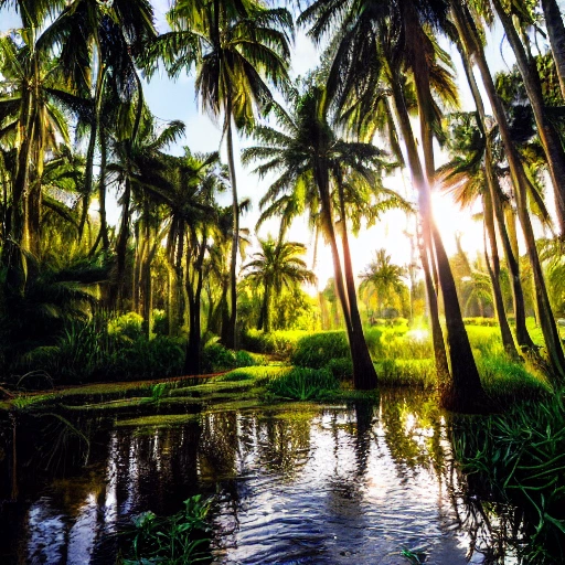 Landscape view of Tropical green forest with palm trees, little river, and calm sunny light, Digital photo, 4K, Detailed, 18mm.