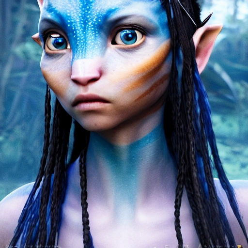 Avatar movie beautiful omataciya child with beautiful mother,blue skin,black hair, cinematic shot, intricate, photorealistic, artstation, realistic, 100 mm, photography, octane, high definition, depth of field, bokeh, 8k,full face,hyper realistic,super realistic,hyper detailed 