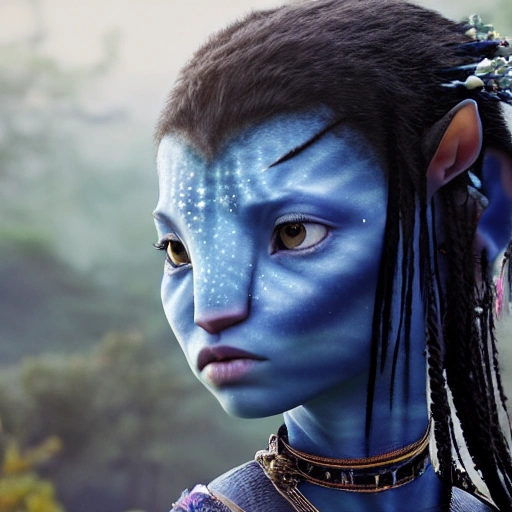 Avatar movie beautiful omataciya child with beautiful mother,blue skin,black hair, cinematic shot, intricate, photorealistic, artstation, realistic, 100 mm, photography, octane, high definition, depth of field, bokeh, 8k,full face,hyper realistic,super realistic,hyper detailed 