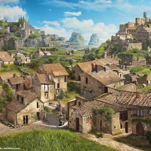 Eye level view of a small dirty 5th century French hamlet, European at noon while sunny, masterpiece, Ultra Detailed, Hyper-realistic, environment concept art by Final Fantasy.