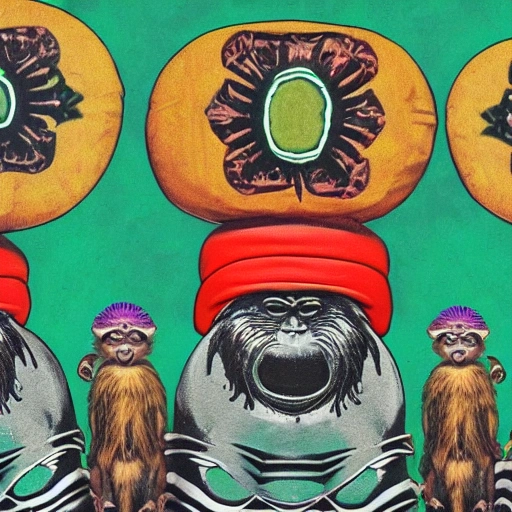 3 psychedelic tiki monkeys wearing a fez