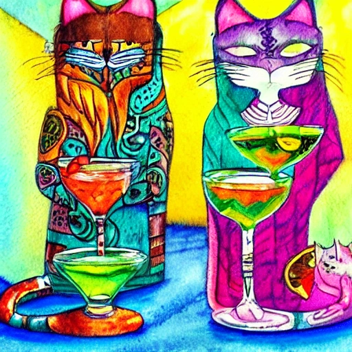  tiki cats drinking cocktails, Trippy, Water Color