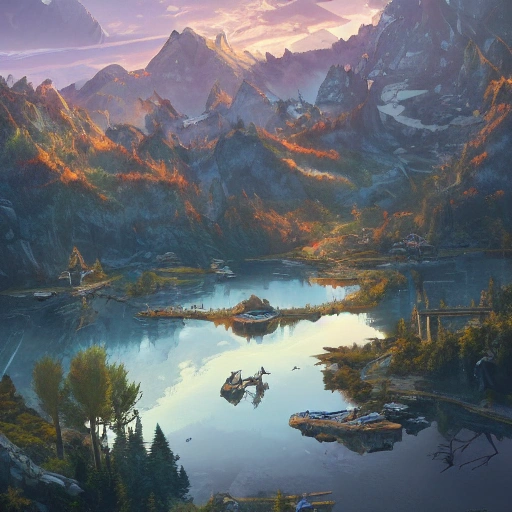 a birds eye view overlooking an ancient fantasy city surrounded by mountains and trees of greens and browns, rivers and lakes by Jordan Grimmer, Asher Brown Durand and Ryan Dening, 8k, artstation, beautiful color pallette