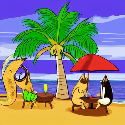 Hip cats drinking tiki drinks on beach, Cartoon