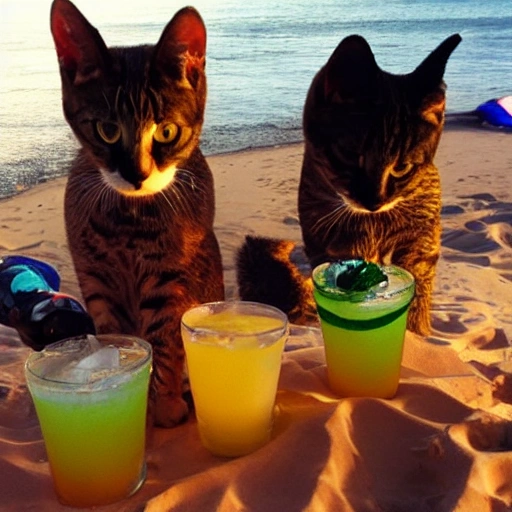 3 cats drinking tiki drinks on beach, Trippy
