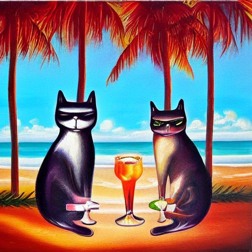 3 cats drinking tiki drinks on beach, Trippy, Oil Painting