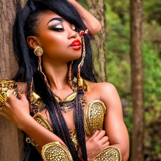 beautiful stunning young woman, hands behind back, perfect face, gorgeous, flowing ornate oriental african dress, mixed race, asian african latina, full body, goddess, sensual pose, legs, detailed face, focus on eyes, perfect figure, 8k, hdr, forest