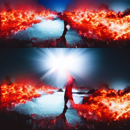 
angel going down under bright light with water, at the ground the flames of human destruction, wide angle, color red 4K