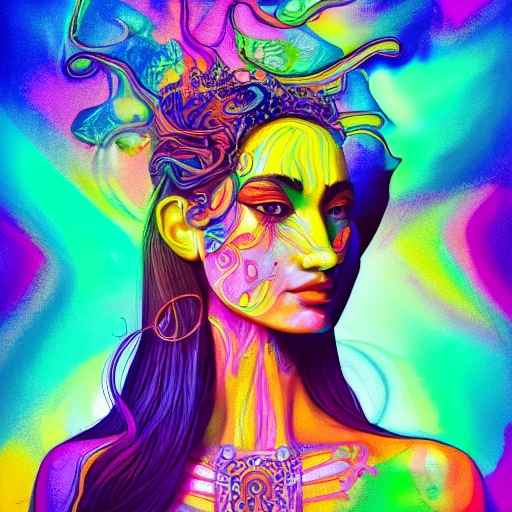 a perfect portrait of lady, an extremely psychedelic experience, colorful, surreal, dramatic lighting, LSD, detailed face, intricate, elegant, highly detailed, digital painting, artstation, concept art, smooth, sharp focus, illustration, Water Color, Cartoon