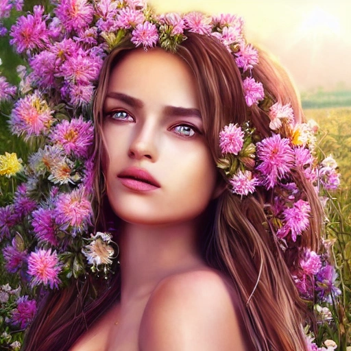 hyperrealistic full length portrait of gorgeous goddess | standing in field full of flowers | detailed gorgeous face!! | full body!! | skimpy armor | god rays | intricate | elegant | realistic | hyperrealistic | cinematic | character design | concept art | highly detailed | illustration | digital art | digital painting | depth of field