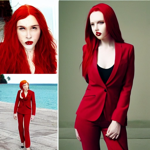 Real woman
Red hair
Suit