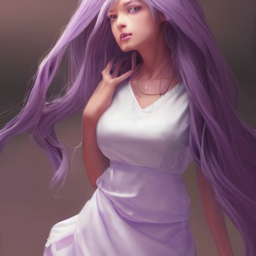 arcane style, elegant girl with long white hair and brown skin wearing a lilac dress, detailed portrait, cell shaded, 4 k, concept art, by wlop, ilya kuvshinov, artgerm, krenz cushart, greg rutkowski, pixiv. cinematic dramatic atmosphere, sharp focus, volumetric lighting, cinematic lighting, studio quality