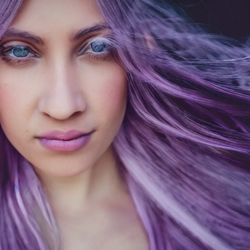detailed, close up portrait of girl with brown skin, long white hair, purple eyes and a lilac dress in a fantasy heaven with the wind blowing in her hair, cinematic warm color palette, spotlight