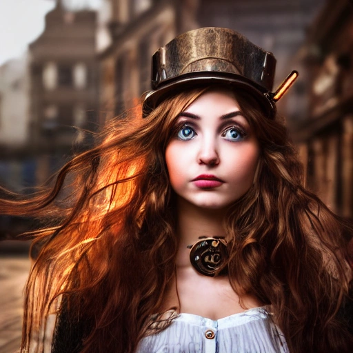 detailed, close up portrait of girl standing in a steampunk city with the wind blowing in her hair, cinematic warm color palette, spotlight