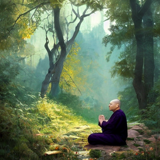 monk meditating in middle of woods, magic colors, fantasy, trending on artstation, artgerm, cgsociety, greg rutkowski,, peter mobrhacher, cinematic, elegant, intricate, ilya kuvshinov, cushart krentz, alphonse mucha, unreal engine, very smooth, high detail, 4 k, concept art, brush strokes, pixiv art, sharp focus, raging dynamic sky, anime art