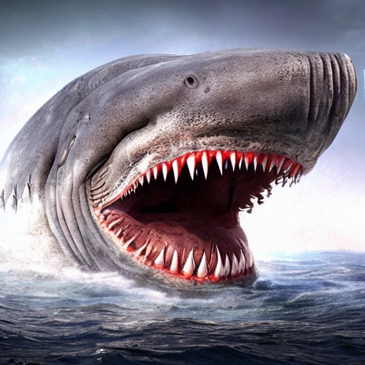 Realistic, detailed,  symmetrical, render, 3d, 4k, full body, mixed large blue whale with crocodile limb and tail, fiery red eyes, black tiger shark body pattern, mouth full of sharp teeth and strong jaw muscle.