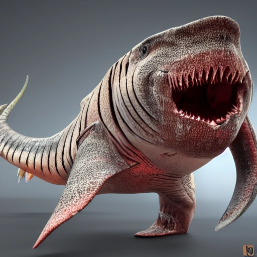 Realistic, detailed,  symmetrical, render, 3d, 4k, full body, mixed large sperm whale with crocodile limb and tail, fiery red eyes, black tiger shark body pattern, mouth full of sharp teeth and strong jaw muscle.