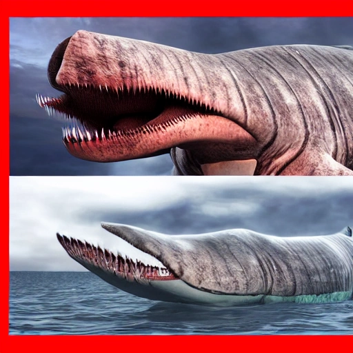 Realistic, detailed,  symmetrical, render, 3d, 4k, full body, mixed large sperm whale with crocodile limb and tail, fiery red eyes, black tiger shark body pattern, mouth full of sharp teeth and strong jaw muscle.