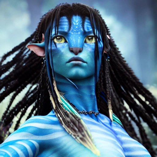 Avatar movie beautiful omataciya woman,,blue skin,black hair, cinematic shot, intricate, photorealistic, artstation, realistic, 100 mm, photography, octane, high definition, depth of field, bokeh, 8k,full face,hyper realistic,super realistic,hyper detailed 