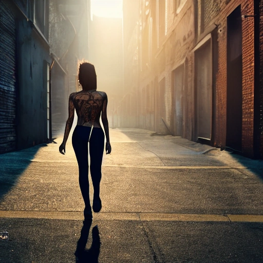 1 sexy girl, walking, brown skin, perfect breast, detailed face, tattoos, shadow effect, spotlight, city alley in the background, background blur, hyperrealistic, photografic, 8k, epic ambient light, octane render