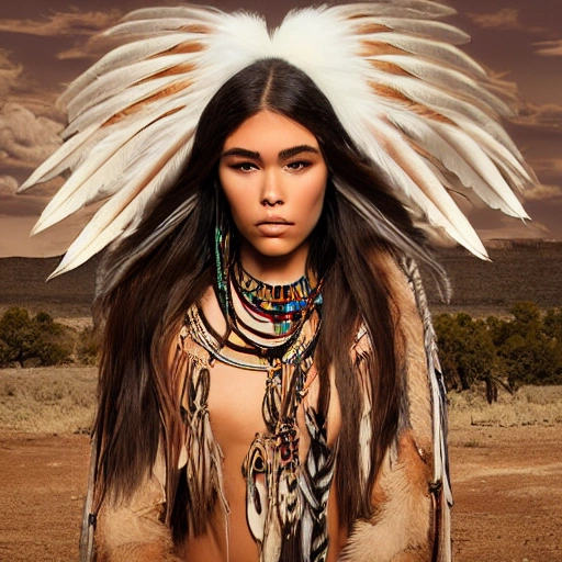 mdjrny-v4 style portrait photograph of Madison Beer as Pocahontas, young beautiful native american woman, perfect symmetrical face, feather jewelry, traditional handmade dress, armed female hunter warrior, (((wild west))) environment, Utah landscape, ultra realistic, concept art, elegant, ((intricate)), ((highly detailed)), depth of field, ((professionally color graded)), 8k, art by artgerm and greg rutkowski and alphonse mucha