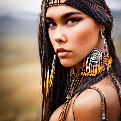 mdjrny-v4 style portrait photograph of Madison Beer as Pocahontas, young beautiful native american woman, perfect symmetrical face, feather jewelry, traditional handmade dress, armed female hunter warrior, (((wild west))) environment, Utah landscape, ultra realistic, concept art, elegant, ((intricate)), ((highly detailed)), depth of field, ((professionally color graded)), 8k, art by artgerm and greg rutkowski and alphonse mucha, take time to perfect the image