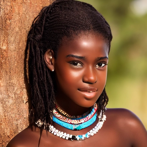 hermosa adolescente africana con ropa típica, piel bronceada, fotografía profesional muy realista 4k