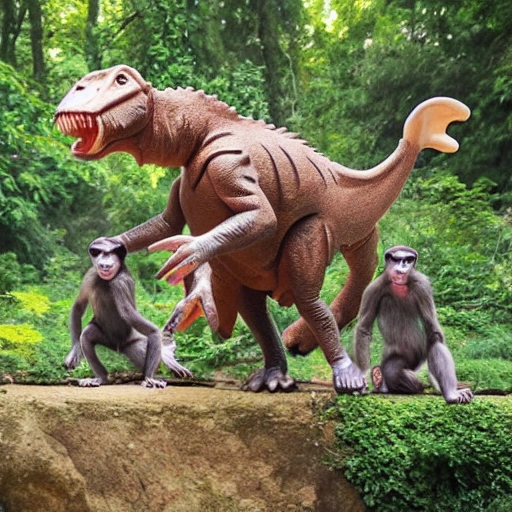 Monkeys riding on dinosaurs