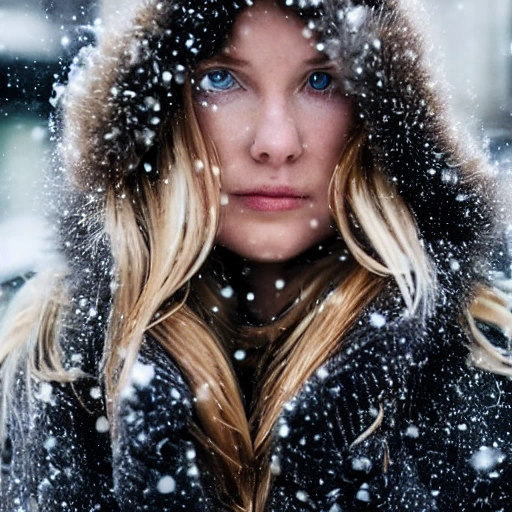 professional portrait photograph of a gorgeous Norwegian girl in winter clothing with long wavy blonde hair, sultry flirty look, (freckles), gorgeous symmetrical face, cute natural makeup, wearing elegant warm winter fashion clothing, ((standing outside in snowy city street)), stunning modern urban environment, ultra realistic, concept art, elegant, highly detailed, intricate, sharp focus, depth of field, f/1.8, 85mm, medium shot, mid shot, (((professionally color graded))), bright soft diffused light, (volumetric fog), trending on instagram, hdr 4k, 8k