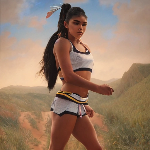 mdjrny-v4 style portrait photograph of Madison Beer as athelete, young beautiful native american woman, perfect symmetrical face, sports wear, environment, landscape, ultra realistic, concept art, elegant, ((intricate)), ((highly detailed)), depth of field, ((professionally color graded)), 8k, art by artgerm and greg rutkowski and alphonse mucha