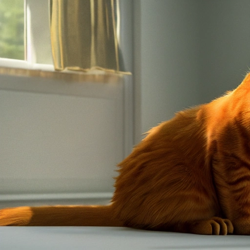 fat ginger cat, lounging in the sunlight, film grain, detailed, realistic, octane render, in a sunny room