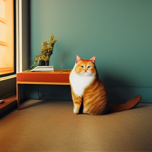 1 fat ginger cat, lounging in the sunlight, film grain, detailed, realistic, octane render, in a sunny room, midcentury modern furniture, soft light, cinematic