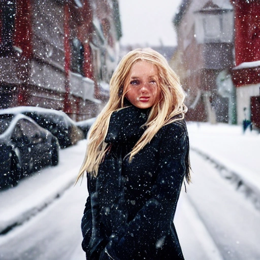 professional portrait photograph of a gorgeous Norwegian girl in winter clothing with long wavy blonde hair, ((sultry flirty look)), freckles, beautiful symmetrical face, cute natural makeup, wearing elegant winter fashion clothing, ((standing outside in snowy city street)), stunning modern urban upscale environment, ultra realistic, concept art, elegant, highly detailed, intricate, sharp focus, depth of field, f/1.8, 85mm, medium shot, mid shot, (centered image composition), (professionally color graded), ((bright soft diffused light)), volumetric fog, trending on instagram, trending on tumblr, hdr 4k, 8k