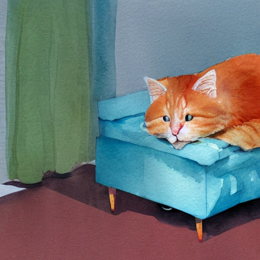 1 fat ginger cat, lounging in the sunlight, film grain, detailed, realistic, octane render, in a sunny room, midcentury modern furniture, soft light, cinematic, watercolor, Water Color