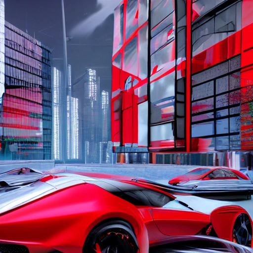 mirror's edge, red concept car, car design, photography, automotive design, downtown, front view, 4k, concept, future, colorful, neon, fantasy, dramatic lighting, hyper detailed, hyper realistic detailed, white clean city,