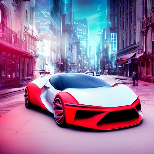 red concept car, car design, photography, automotive design, downtown, front view, 4k, concept, future, colorful, neon, fantasy, dramatic lighting, hyper detailed, hyper realistic detailed, white clean city,