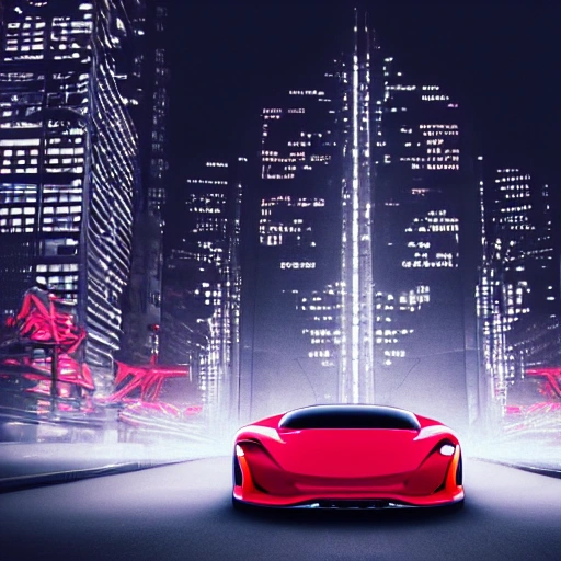 red concept car, car design, photography, automotive design, downtown, front view, 4k, concept, future, colorful, neon, fantasy, dramatic lighting, hyper detailed, hyper realistic detailed, white clean city,