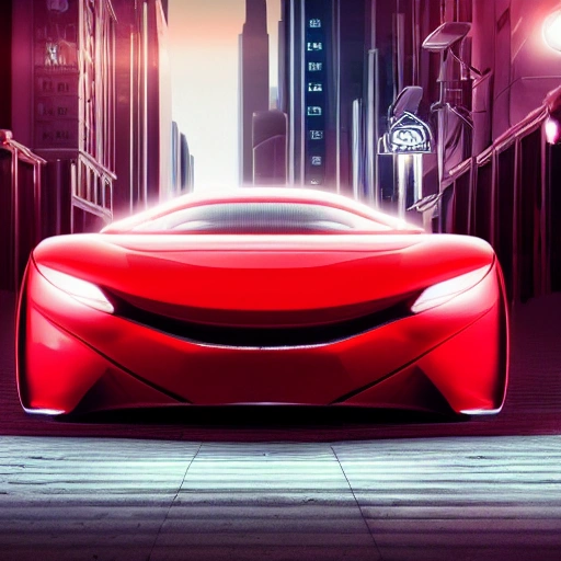 red concept car, car design, photography, automotive design, downtown, front view, 4k, concept, future, colorful, neon, fantasy, dramatic lighting, hyper detailed, hyper realistic detailed, white clean city, PRIMAX