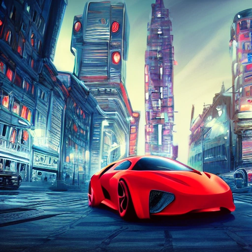 red concept car, car design, photography, automotive design, downtown, front view, 4k, concept, future, colorful, neon, fantasy, dramatic lighting, hyper detailed, hyper realistic detailed, white clean city, PRIMAX, Cartoon