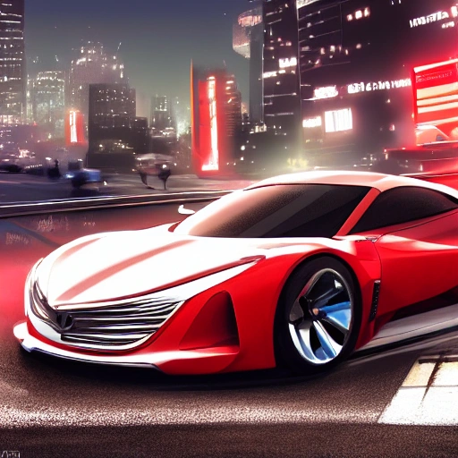 red concept car, car design, photography, automotive design, downtown, front view, 4k, concept, future, colorful, neon, fantasy, dramatic lighting, hyper detailed, hyper realistic detailed, white clean city, PRIMAX Style, Cartoon