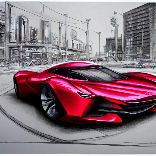 red concept car, car design, photography, automotive design, downtown, front view, 4k, concept, future, colorful, neon, fantasy, dramatic lighting, hyper detailed, hyper realistic detailed, white clean city, Pencil Sketch
